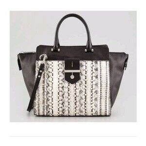 MILLY Makene Black Leather Cream Snakeskin Tote Satchel Crossbody Bag  45
